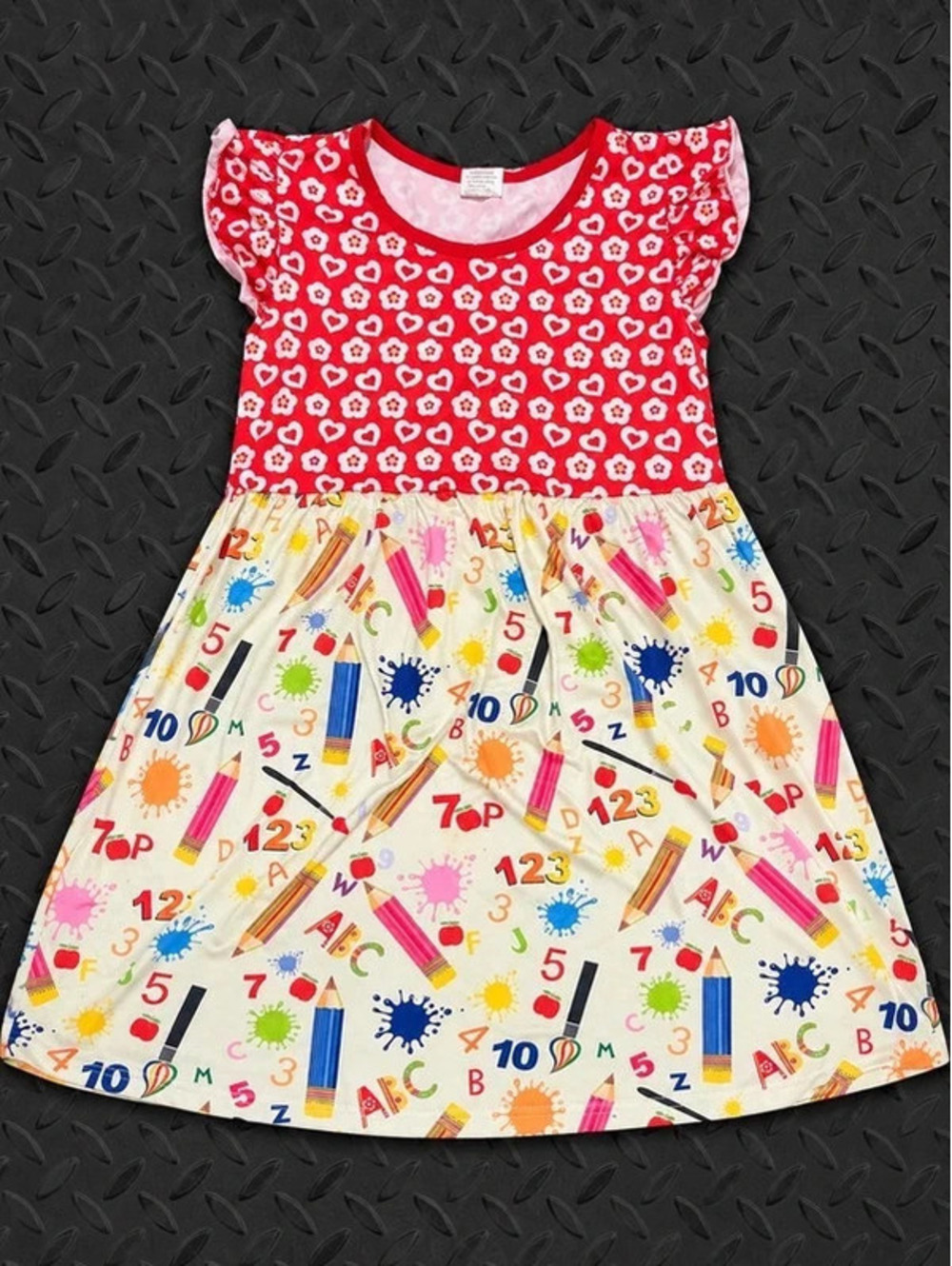Girls School Print Valentine Dress Hearts Pencils Apples Size 7–8